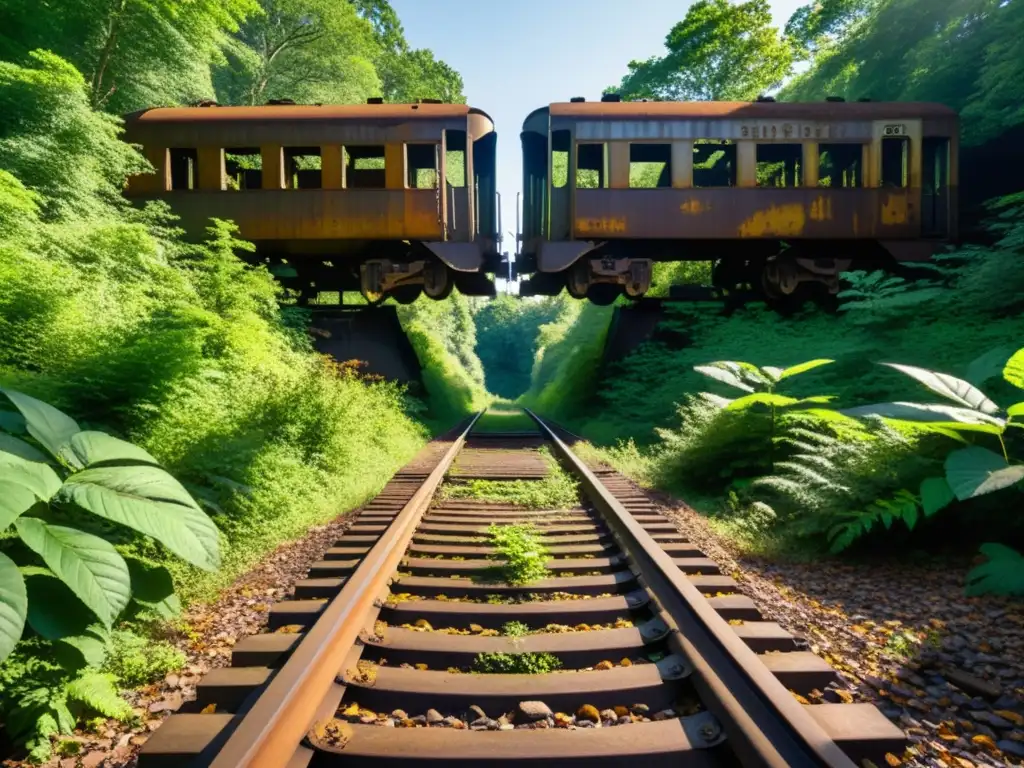 Rutas ferroviarias historia transporte: Naturaleza reclama una ruta abandonada, trenes oxidados entre vegetación exuberante y luz filtrándose