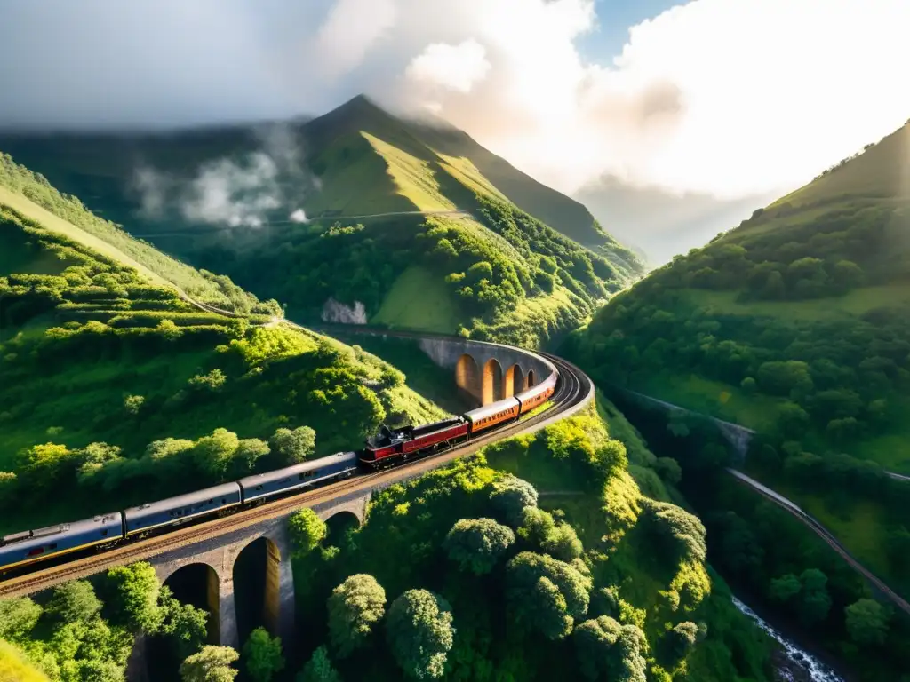 Rutas ferroviarias historia transporte: Vista aérea de un antiguo tren serpenteando entre montañas, estaciones históricas y exuberante vegetación