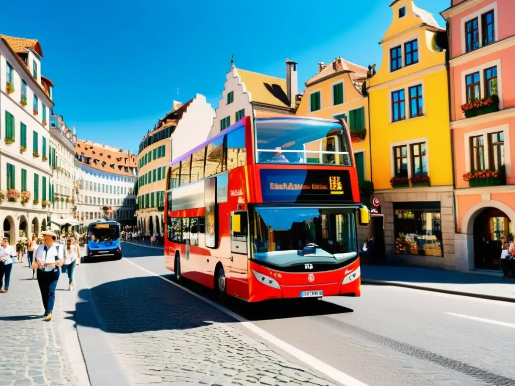 Rutas panorámicas en autobuses turísticos: Un paseo inolvidable por una ciudad europea llena de color y encanto, con un autobús repleto de turistas disfrutando de las vistas panorámicas y la arquitectura histórica