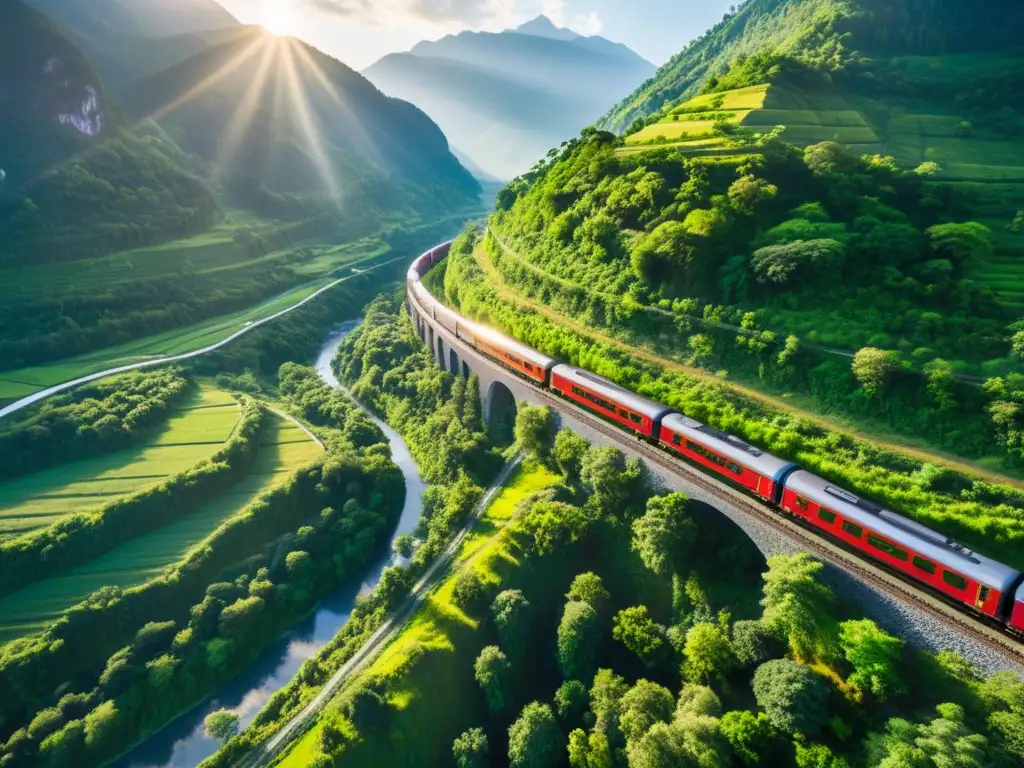 Rutas en tren para amantes de la naturaleza: Viaje escénico entre montañas, bosques y ríos, resaltando la armonía entre transporte y naturaleza