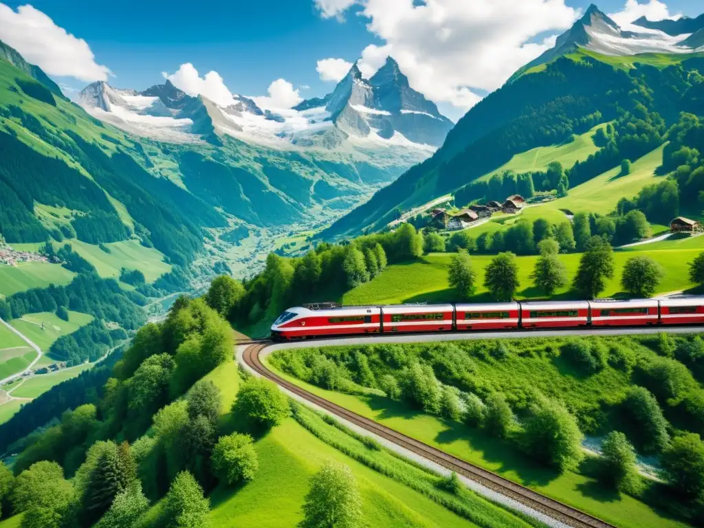 Rutas en tren impresionantes en los Alpes suizos con vías serpenteantes, picos nevados y valles verdes