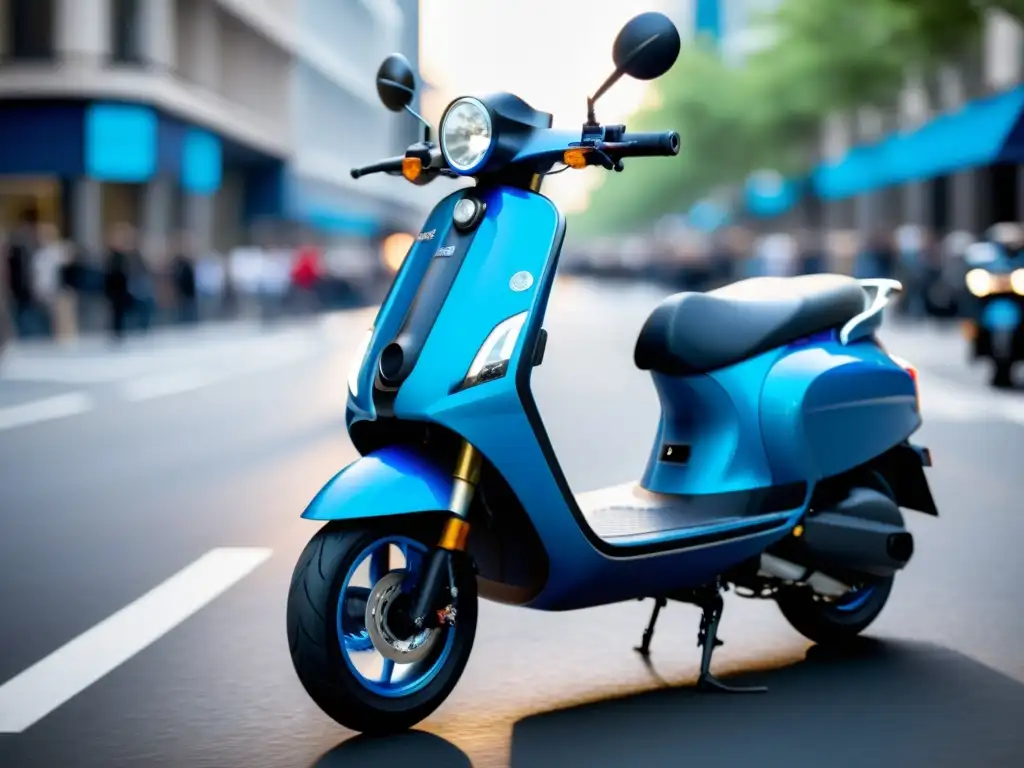 Una scooter eléctrica futurista de color azul brillante en una concurrida calle urbana