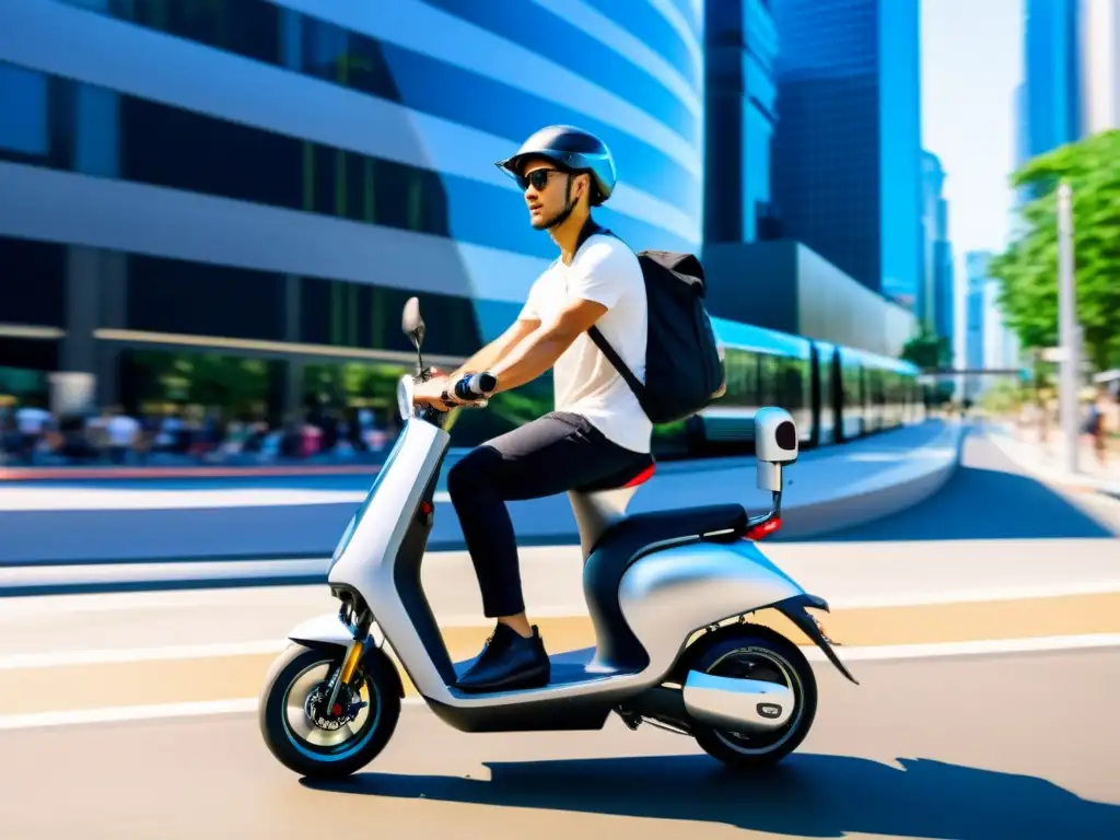 Una scooter eléctrica futurista integrada en el paisaje urbano, mostrando tecnología wearable avanzada