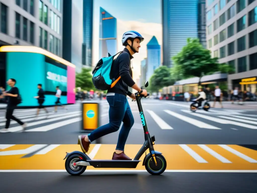 Un scooter eléctrico recorre una bulliciosa calle de la ciudad, destacando su conveniencia y sostenibilidad