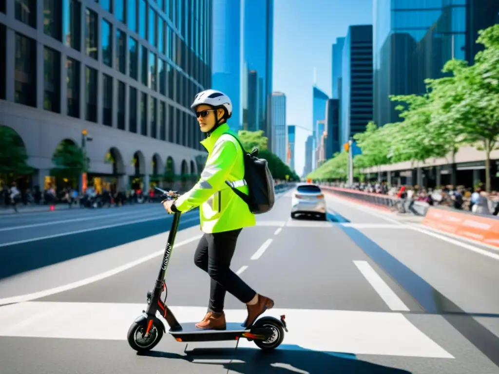 Un scooter eléctrico moderno y seguro se desliza por la bulliciosa ciudad, destacando los beneficios del scooter eléctrico en ciudades sostenibles