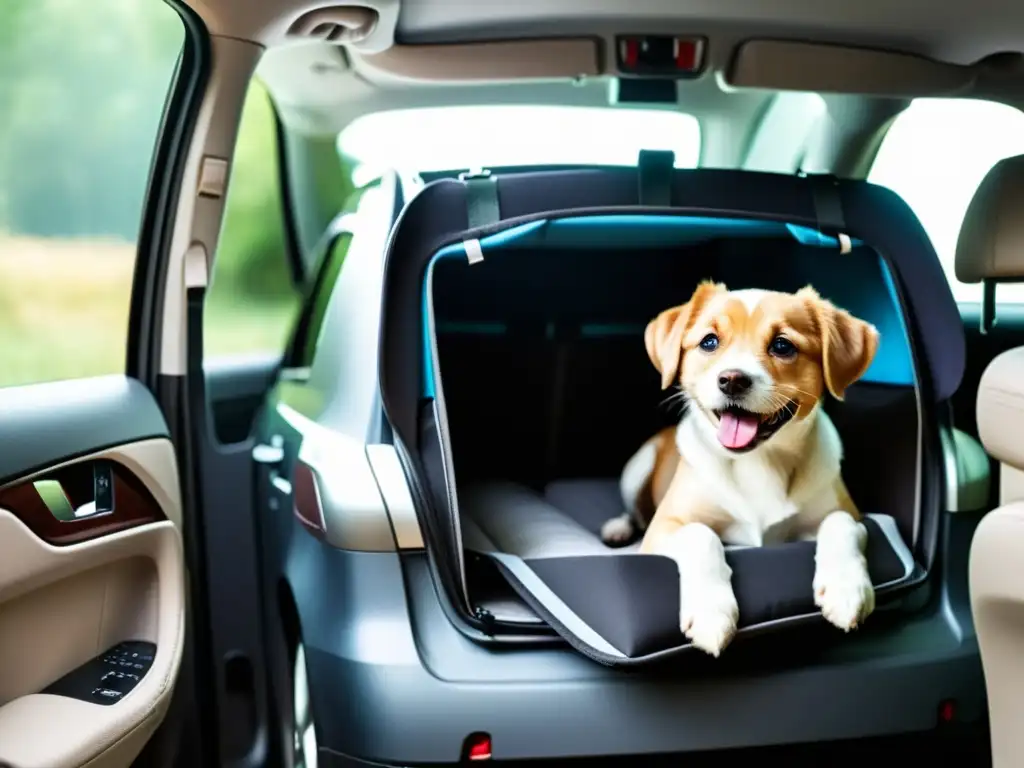 Un transportín seguro y bien ventilado en el asiento trasero de un coche, con un perro feliz asomándose