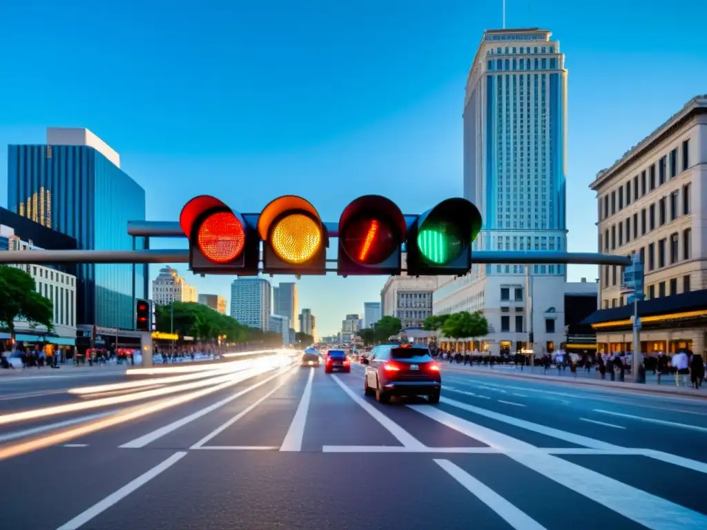 Intersección urbana: eficiencia y modernidad Intersección con semáforos sincronizados, tráfico ágil y eficiente, peatones cruzando