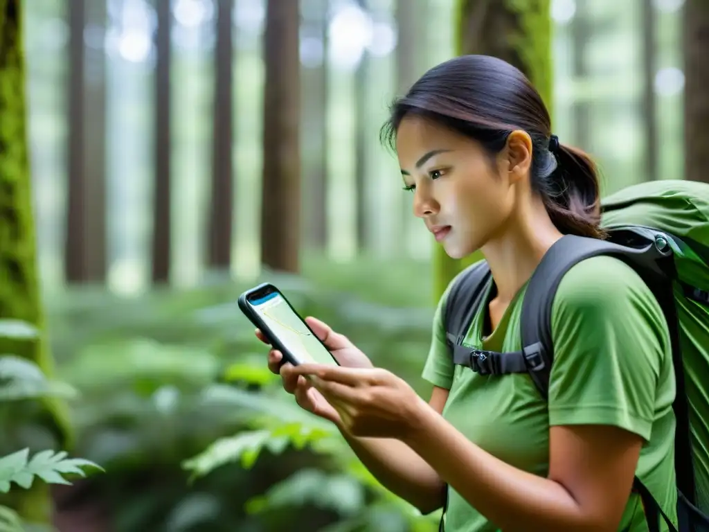 Un senderista utiliza una app de navegación en su smartphone, explorando un bosque denso