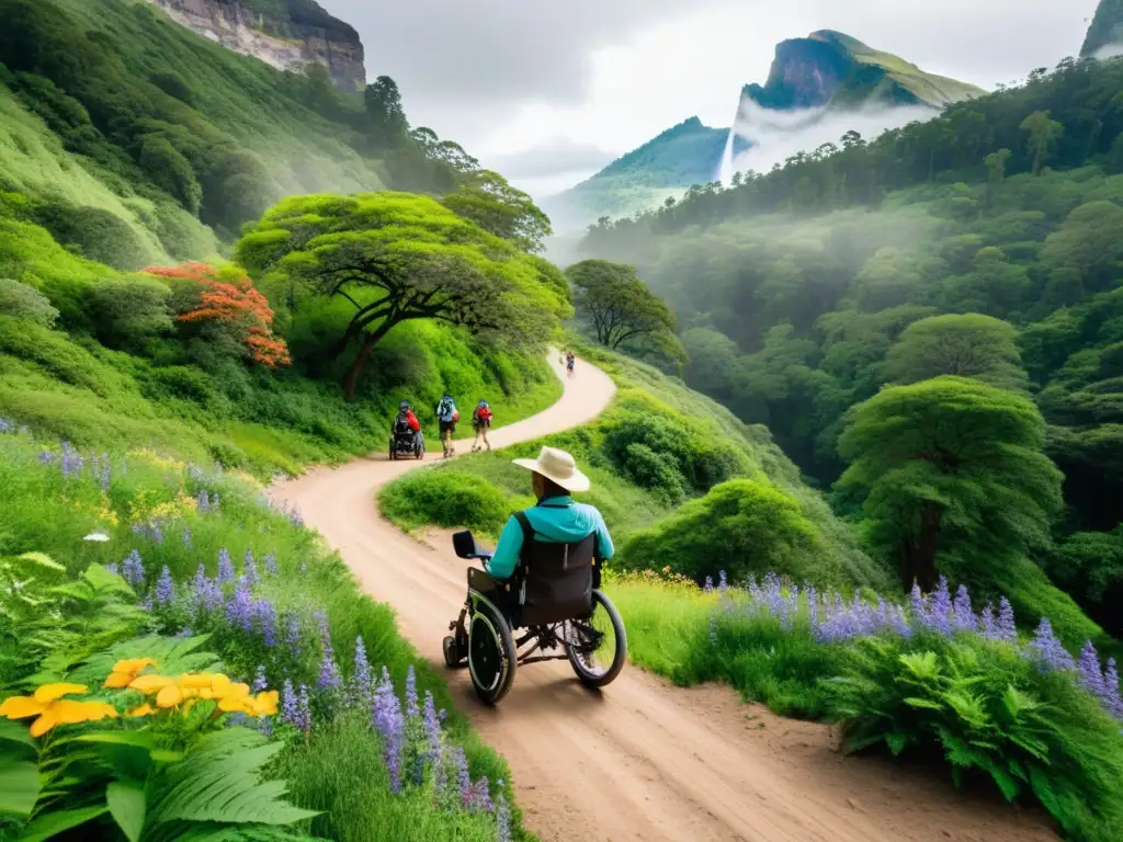 Un sendero accesible en un parque nacional con diversidad de excursionistas, incluyendo medios de transporte sostenibles