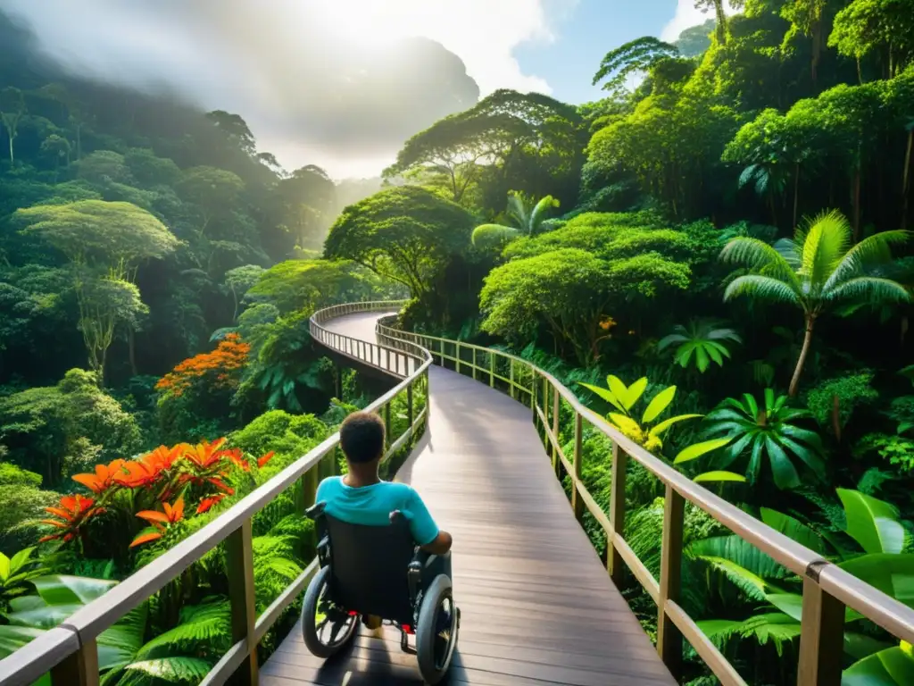 Un sendero accesible en la selva para viajeros discapacidad, rodeado de exuberante vegetación y diversa vida silvestre