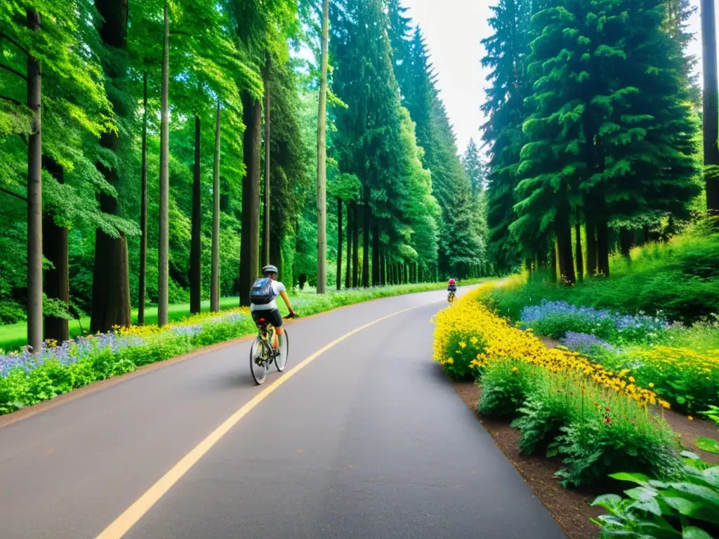 Un sendero amplio y pavimentado serpentea por un exuberante bosque en Portland, Oregon, invitando a explorar destinos accesibles en bicicleta