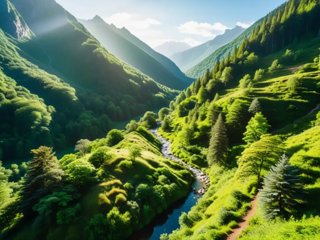 Un sendero montañoso con excursionistas y un río sereno refleja la belleza natural y la necesidad de las mejores apps de navegación para senderismo