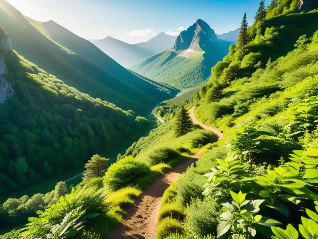 Un sendero de montaña serpenteante a través de un frondoso bosque, hikers usando apps de navegación