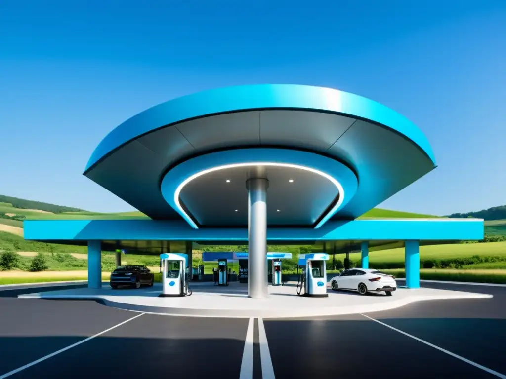 Estación de servicio del futuro con diseño ecoamigable y tecnología avanzada, rodeada de naturaleza exuberante y cielo azul claro