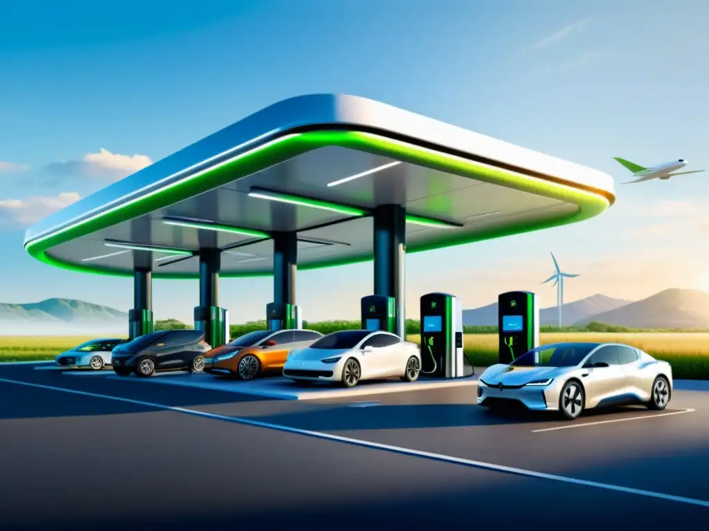 Estación de servicio del futuro con múltiples opciones de combustible, cargadores de coches eléctricos y fuentes de energía sostenible