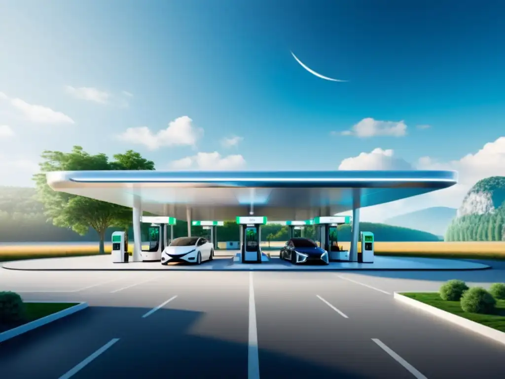 Estación de servicio del futuro con tecnología avanzada y en armonía con la naturaleza, ofreciendo opciones de combustible tradicional y alternativo