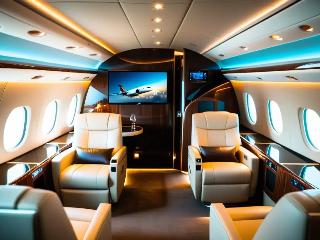 Servicios exclusivos jets privados: lujoso interior de avión con asientos de cuero, barra elegante y vistas panorámicas desde las ventanas