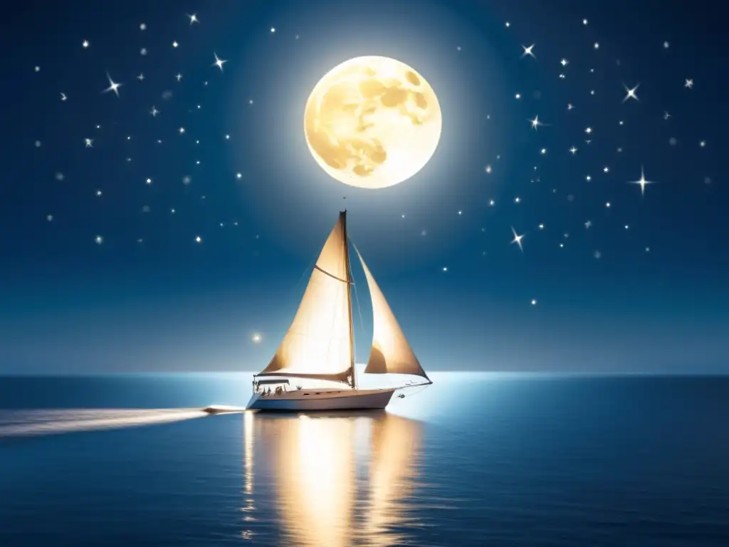 Símbolos barcos veleros narrativa moderna: un velero corta la serena y brillante superficie del mar bajo la luz de la luna, rodeado de estrellas