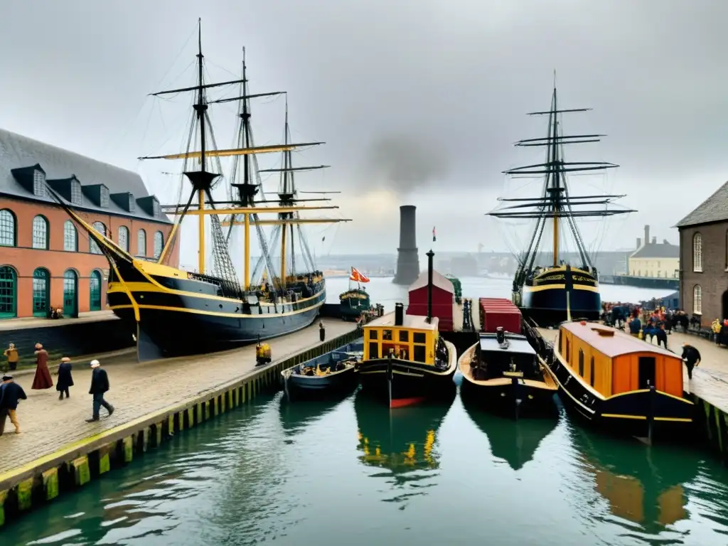 Simulaciones interactivas de transporte global en un bullicioso puerto del siglo XIX, con barcos descargando mercancías y trenes de vapor al fondo