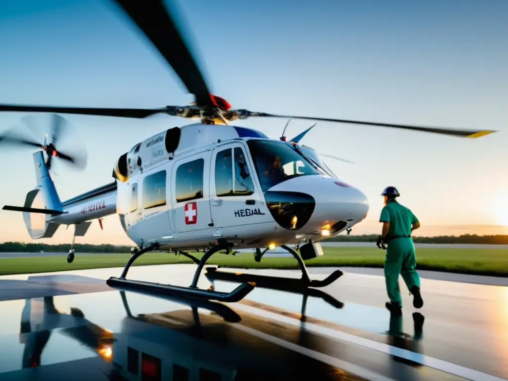 Simulaciones de transporte situaciones críticas: Helicóptero médico aterrizando en helipuerto con personal médico atendiendo paciente