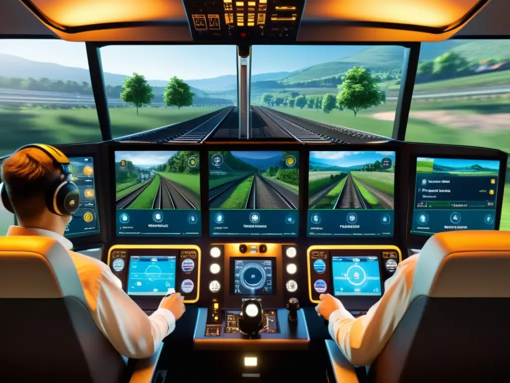 Un simulador ferroviario impresionante para los mejores simuladores ferroviarios aficionados, con un panel de control realista y una vista panorámica detallada en múltiples monitores, iluminada por la suave luz de las pantallas