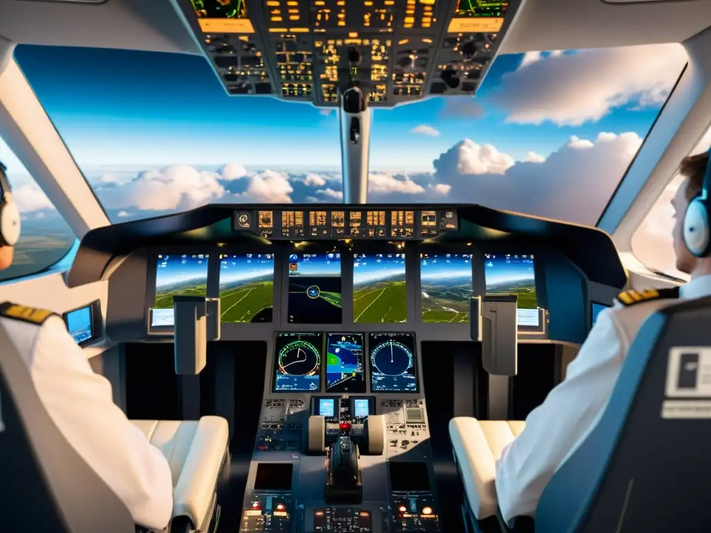 Un simulador de vuelo de última generación con detallado cockpit y paisaje virtual realista