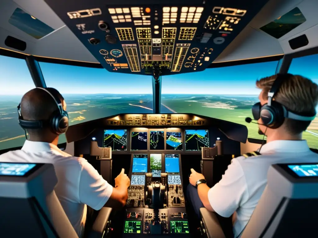 Simuladores de vuelo para pilotos: Intenso entrenamiento en cabina realista con paisaje virtual envolvente y tecnología sofisticada