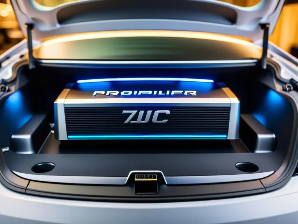 Amplificador de audio de coche de alta gama en detalle Sistema de audio de alta fidelidad para coches: Amplificador de alta gama instalado en el maletero de un lujoso automóvil, rodeado de intrincados componentes y luces LED