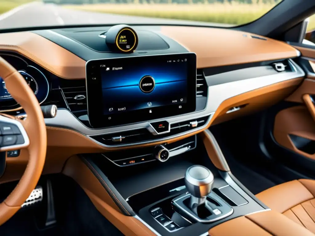 Interior de coche de lujo con sistema de audio premium Sistema de audio de alta fidelidad para coches en un interior lujoso y moderno con iluminación ambiental y tecnología avanzada