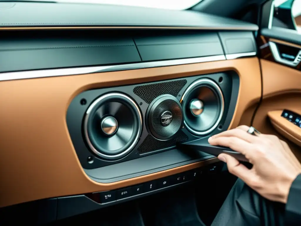 Instalación de sistema de audio premium en auto de lujo Sistema de audio de alta fidelidad para coches instalado con precisión en lujoso vehículo, destacando su integración perfecta en el diseño interior