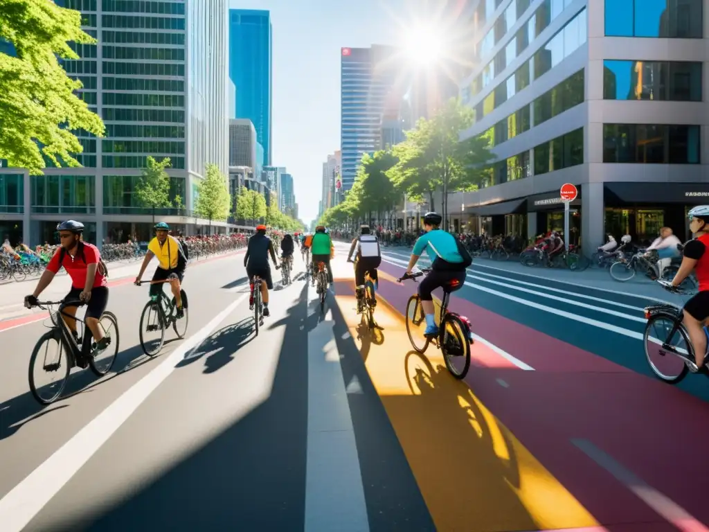 Sistema de bicicletas públicas urbanas en una bulliciosa calle de la ciudad, con ciclistas y modernos edificios