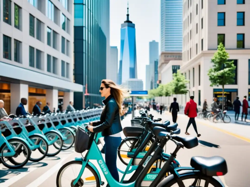 Sistema de bicicletas públicas urbanas integrado en la vida urbana, con tecnología moderna y energía vibrante en la ciudad