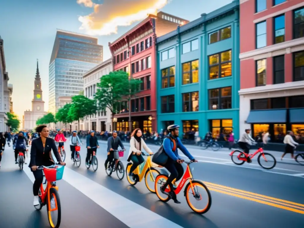 Sistema de bicicletas públicas urbanas en calle bulliciosa al atardecer, reflejando la vitalidad y diversidad de la vida urbana