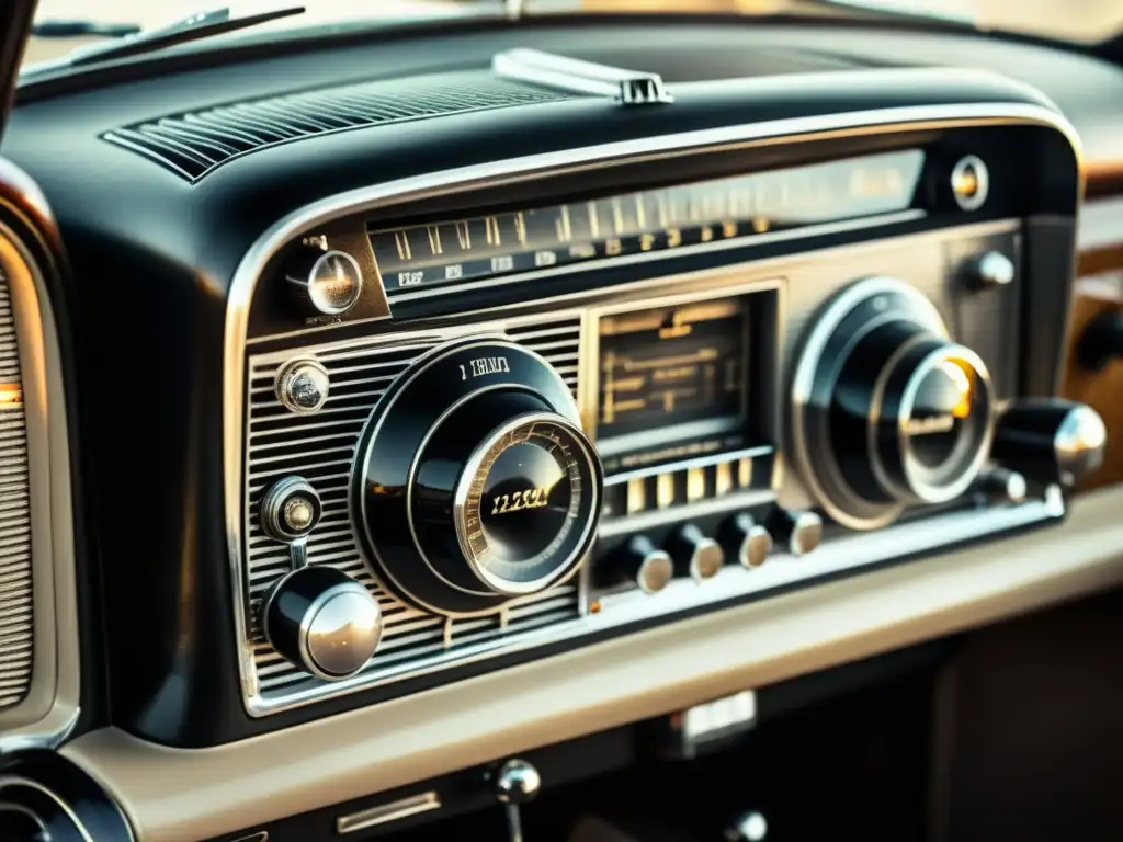 Sistema de radio vintage iluminado en el tablero de un auto, evocando la historia de la comunicación en transporte