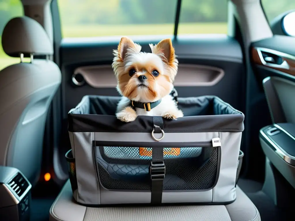 Sistema de retención para mascotas en coche con transportín moderno y perro cómodo