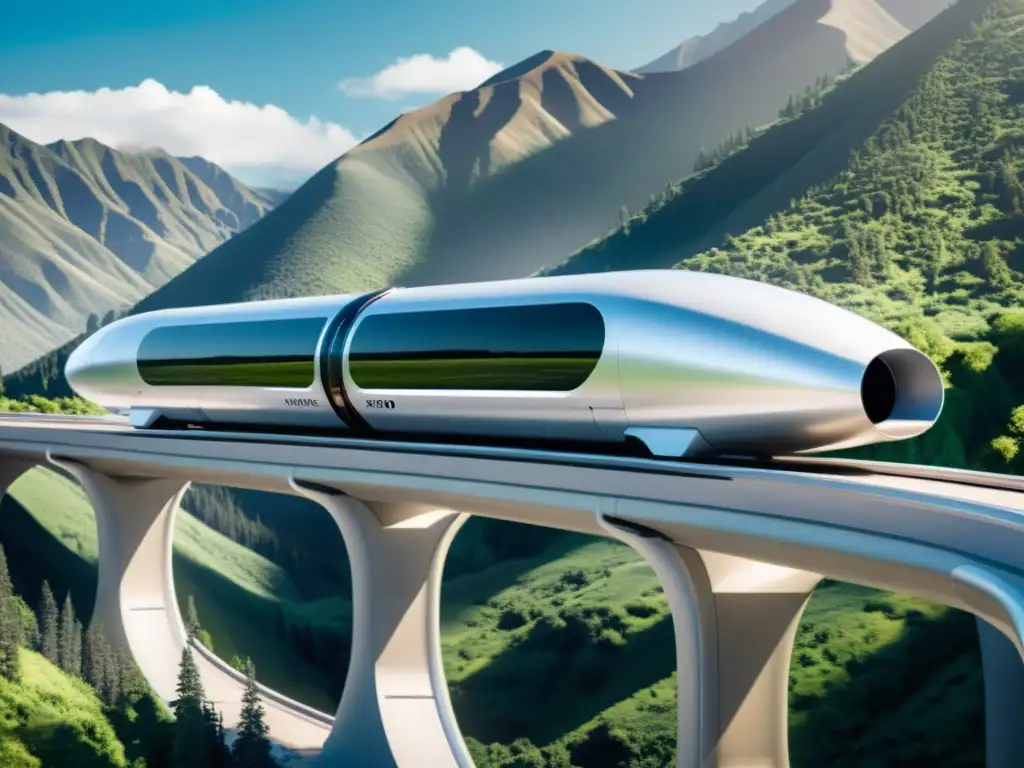 Un sistema de transporte de carga futurista con tecnología Hyperloop atraviesa paisajes montañosos y boscosos