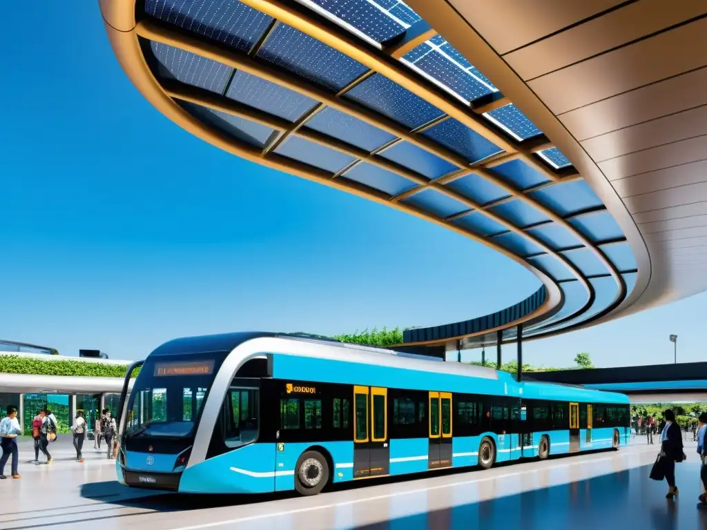 Sistema de transporte público eficiente del futuro con diseño sostenible y arquitectura innovadora, integrando paneles solares y vegetación