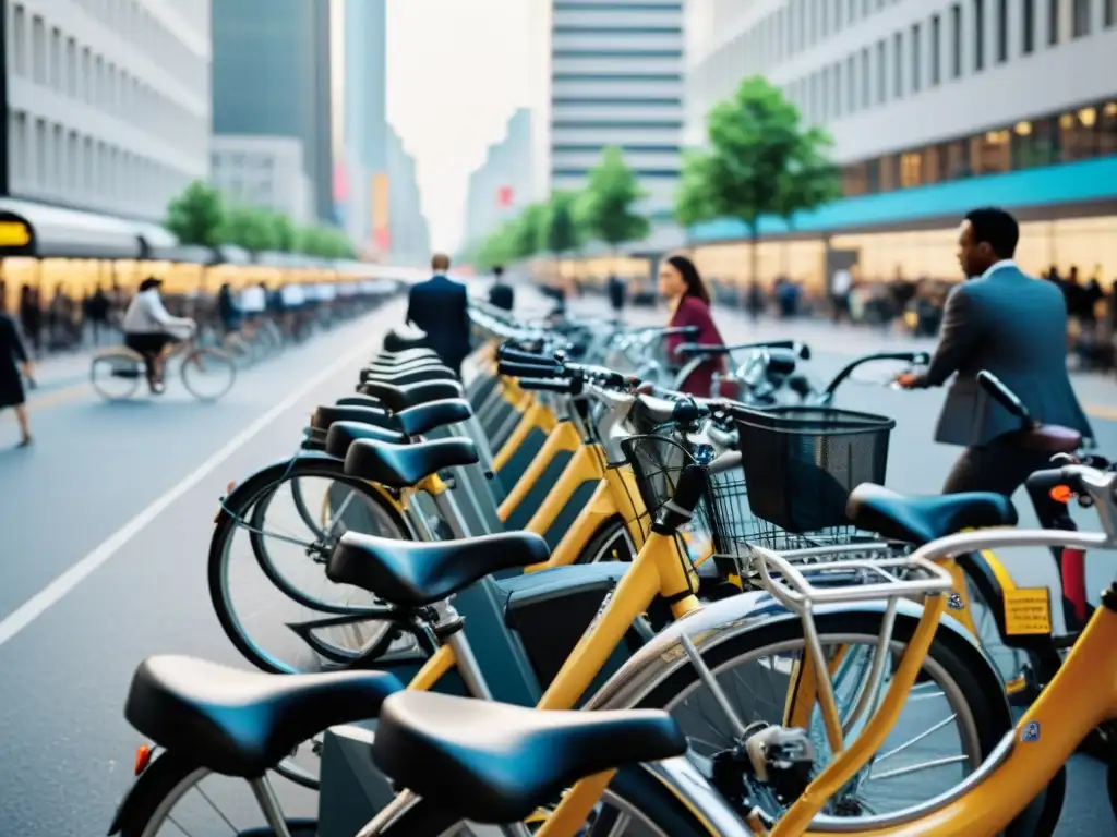 Sistemas de bicicletas públicas urbanas integradas en la vida diaria de la ciudad, con diversidad de usuarios y vibrante paisaje urbano de fondo