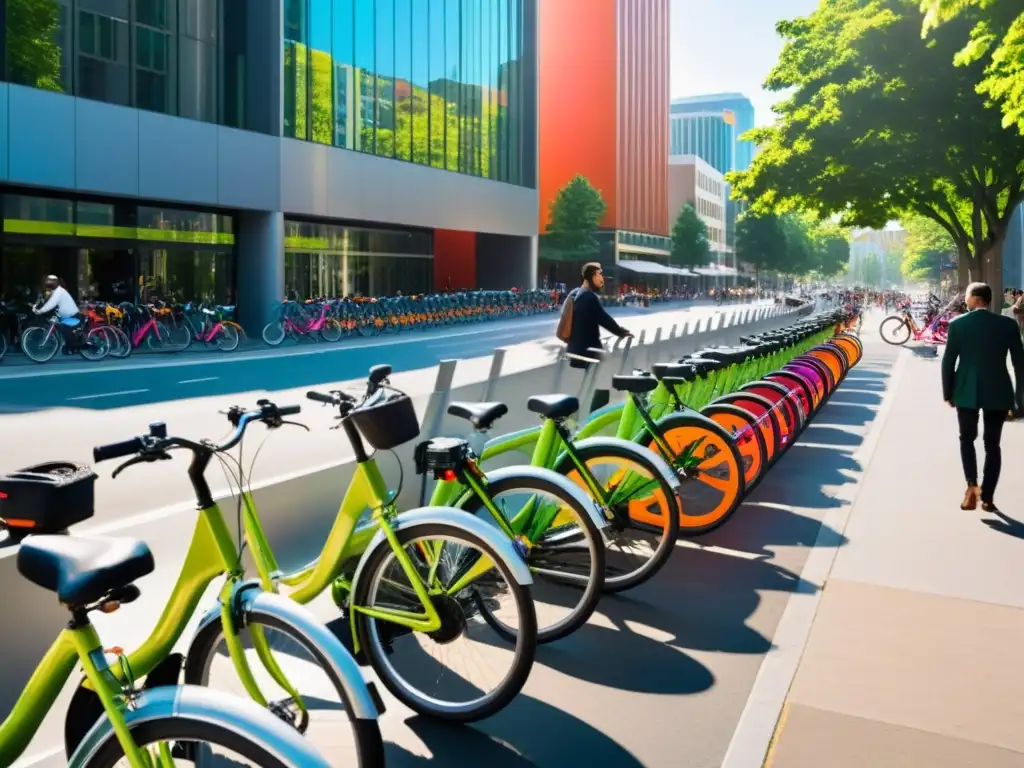 Sistemas de bicicletas públicas urbanas en bulliciosa calle llena de coloridas bicicletas