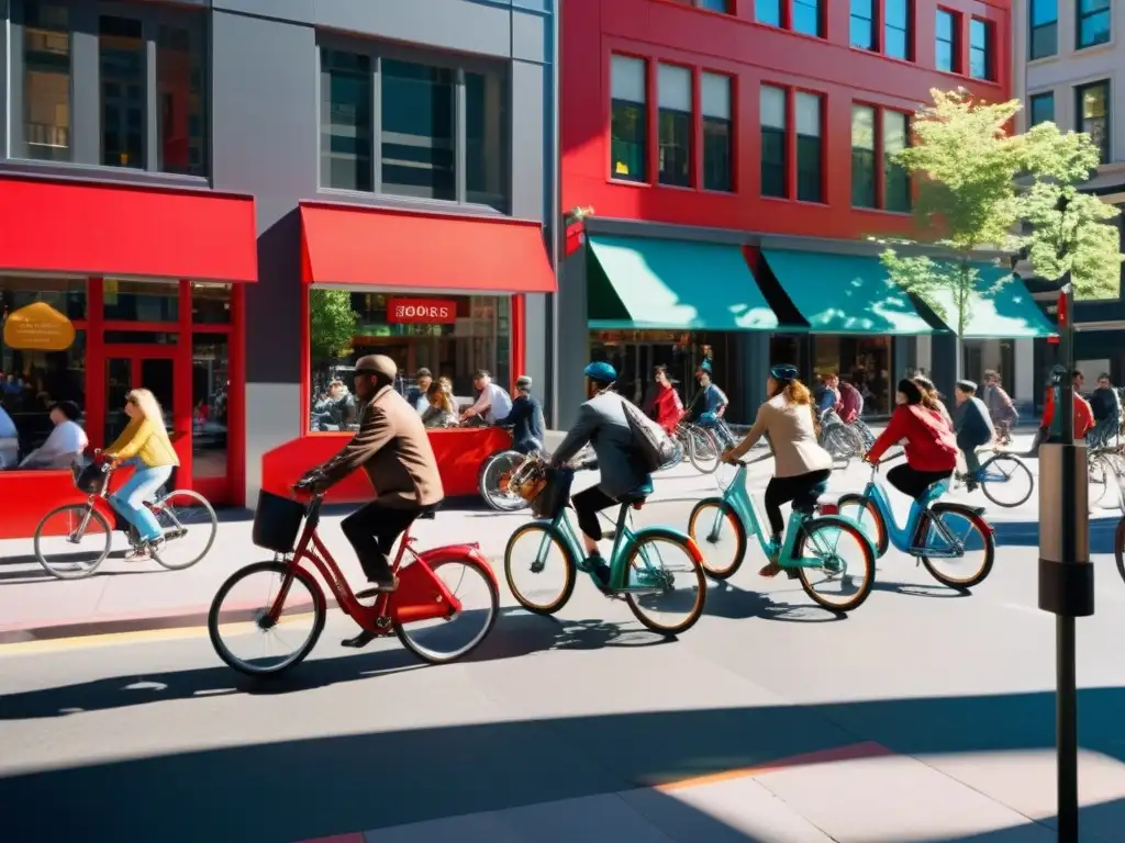 Sistemas de bicicletas públicas urbanas: Bicicletas rojas en bulliciosa calle de la ciudad, entre edificios modernos y tiendas coloridas