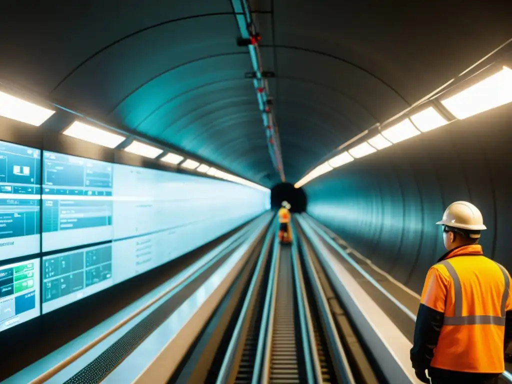 Sistemas de monitoreo túneles evolución: Imagen profesional de tecnología avanzada y mantenimiento meticuloso en un túnel iluminado tenue