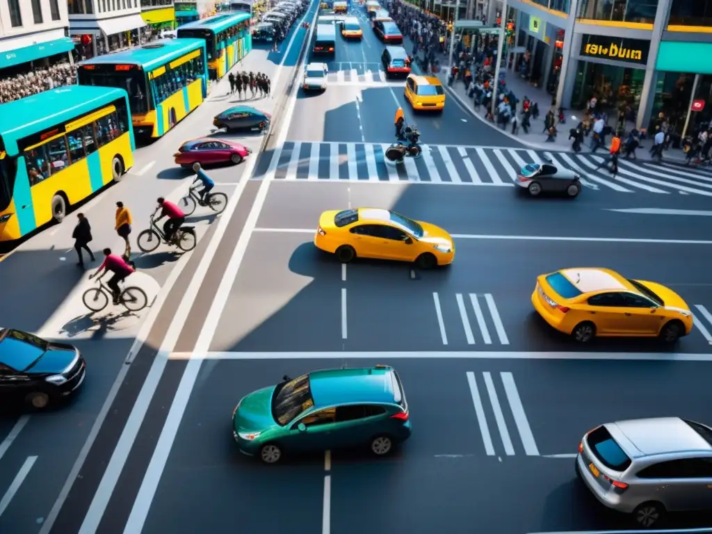 Sistemas anticolisión para movilidad urbana: Vista aérea de caótico tráfico urbano con autos, autobuses, bicicletas y peatones en movimiento