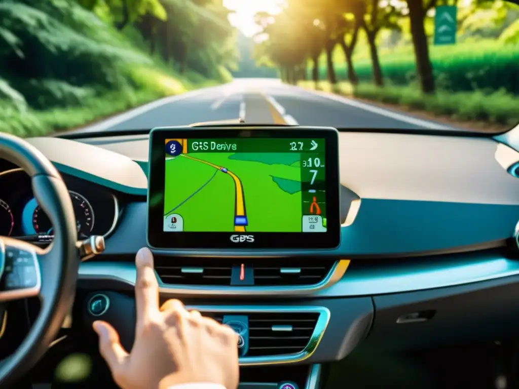 Sistemas de GPS sostenibles en coche híbrido, muestra mapa verde y moderna tecnología integrada con la naturaleza