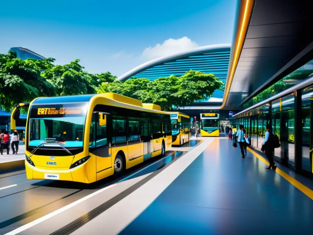 Sistemas BRT transporte masivo: Estación de autobuses moderna con pasajeros abordando y descendiendo, diseño futurista y vegetación vibrante