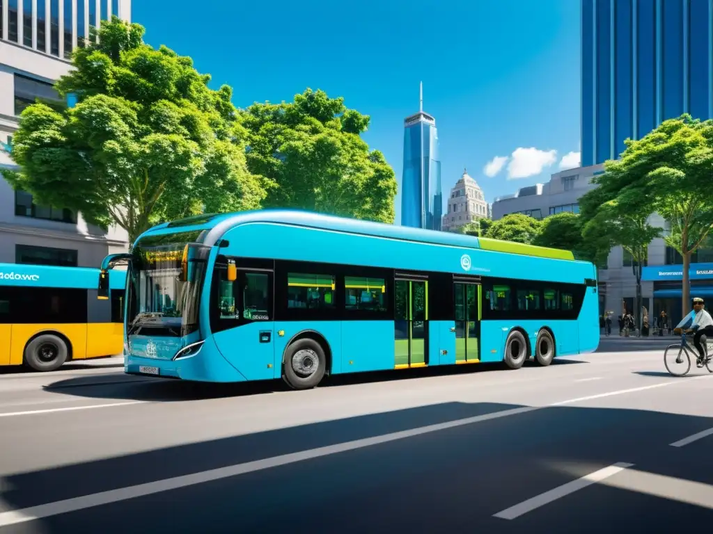 Sistemas de transporte público eficientes y futuros: bulliciosa calle de la ciudad con buses eléctricos futuristas y edificios verdes