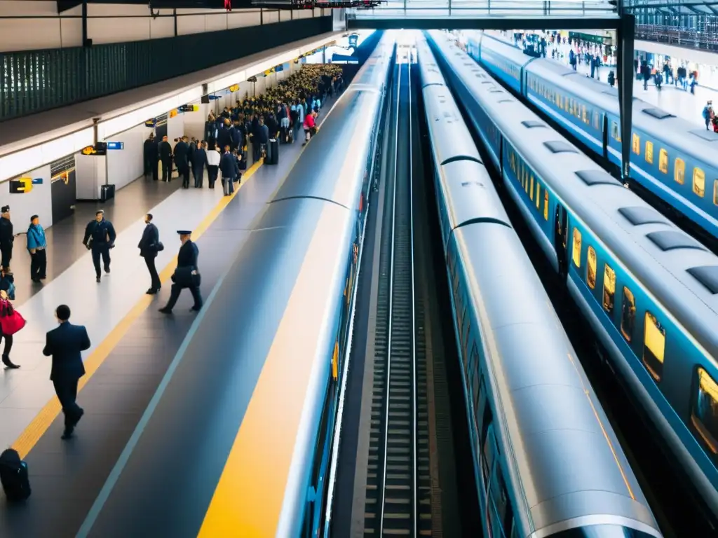 Sistemas de vigilancia en estaciones de transporte: Plataforma con cámaras de seguridad modernas, pasajeros y personal de seguridad en movimiento