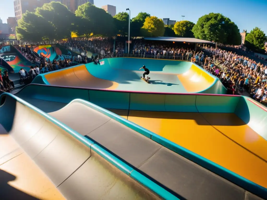 Skate park urbano vibrante con skaters realizando trucos y graffiti colorido, reflejando la revolución del skate en transporte urbano