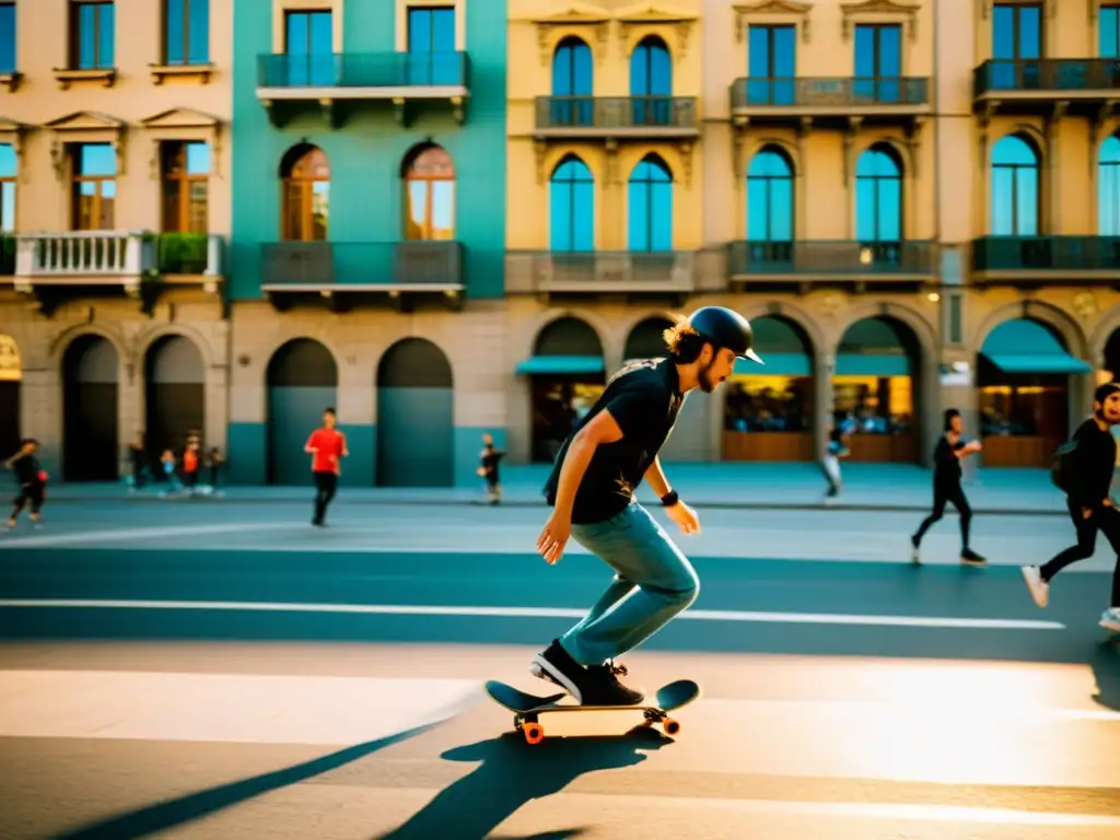 Skateboarders surcando las calles de Barcelona, ciudad ideal para monopatín, capturando la esencia de la libertad y la exploración urbana