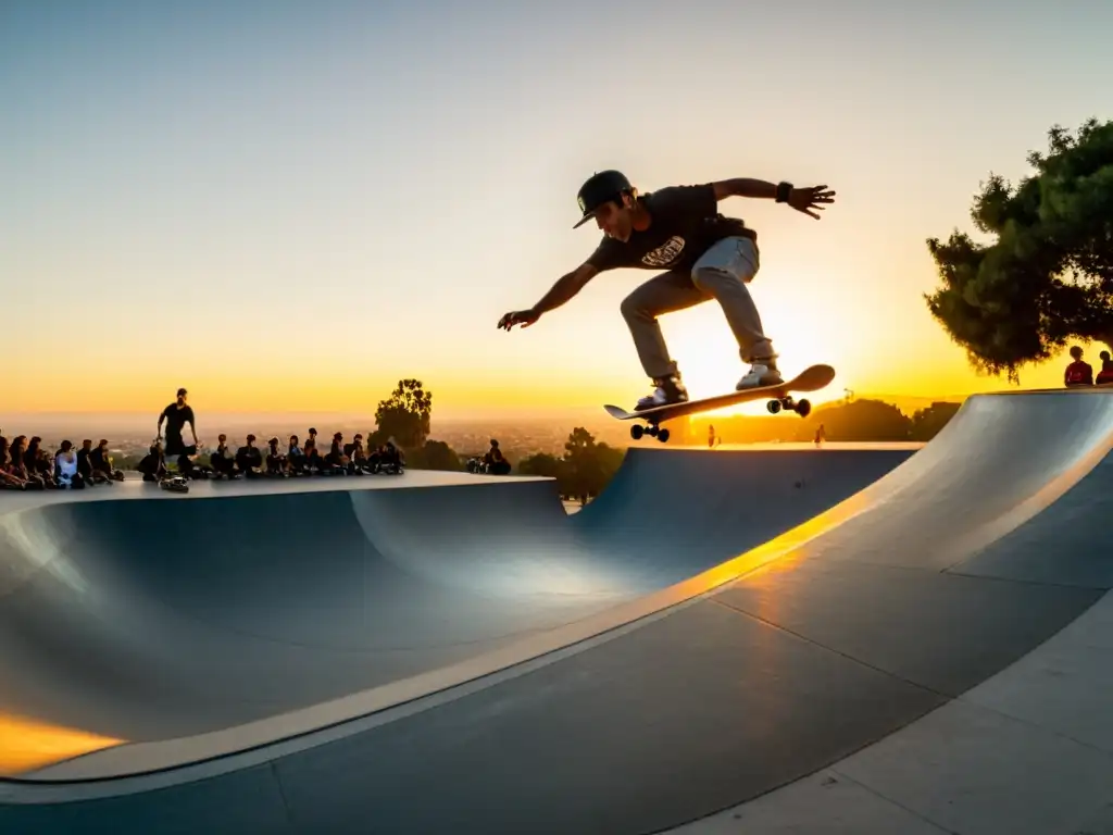 Skaters expertos realizando trucos en un bullicioso skatepark al atardecer en Los Ángeles, una de las mejores ciudades para monopatín