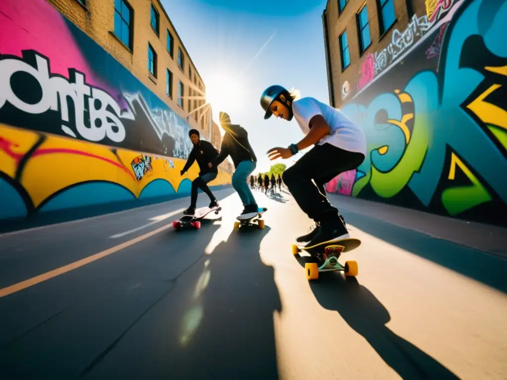 Skaters realizan trucos en la ciudad, con grafitis de fondo